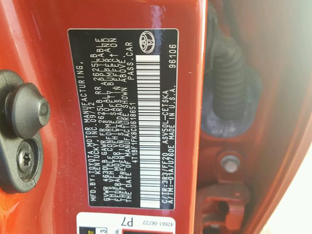 4T1BF1FK8CU618651 - 2012 TOYOTA CAMRY BASE RED photo 10