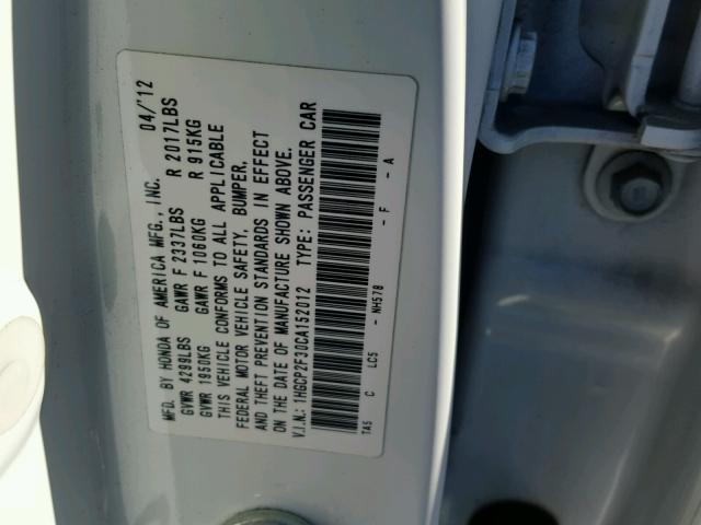 1HGCP2F30CA152012 - 2012 HONDA ACCORD LX WHITE photo 10