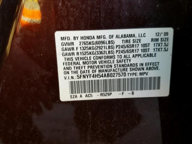 5FNYF4H54AB027570 - 2010 HONDA PILOT EXL MAROON photo 10