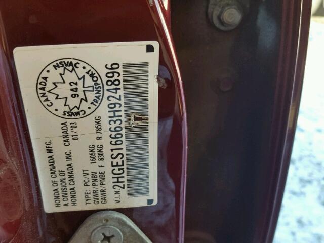 2HGES16663H924896 - 2003 HONDA CIVIC LX BURGUNDY photo 10