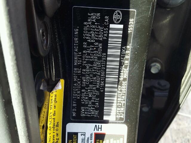 4T1BK1EB6FU137928 - 2015 TOYOTA AVALON XLE BLACK photo 10