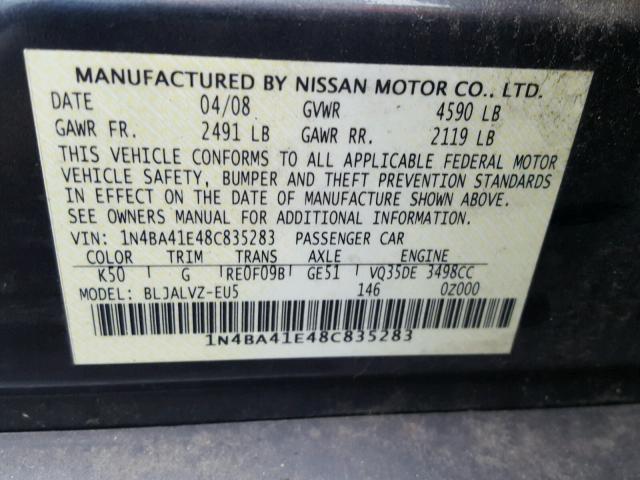 1N4BA41E48C835283 - 2008 NISSAN MAXIMA SE GRAY photo 10