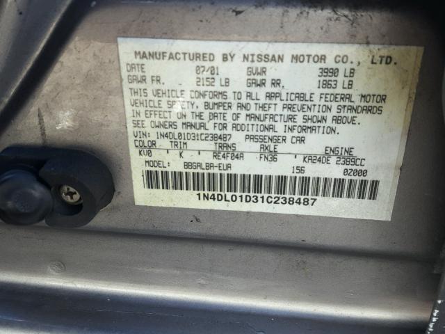 1N4DL01D31C238487 - 2001 NISSAN ALTIMA XE GRAY photo 10