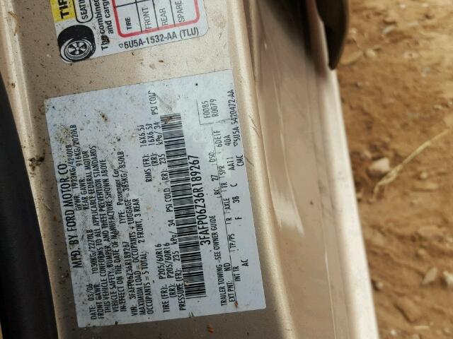 3FAFP06Z36R189267 - 2006 FORD FUSION S GOLD photo 10