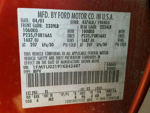 1FMYU03191KB42487 - 2001 FORD ESCAPE XLT RED photo 10