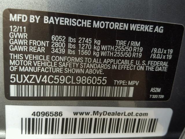 5UXZV4C59CL986055 - 2012 BMW X5 XDRIVE3 GRAY photo 10