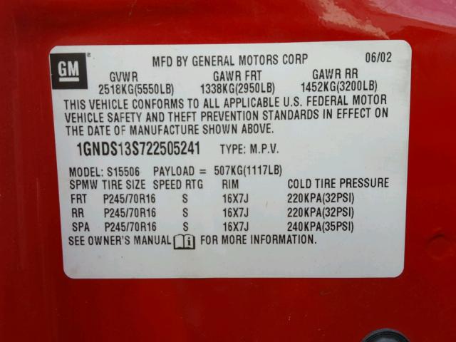 1GNDS13S722505241 - 2002 CHEVROLET TRAILBLAZE RED photo 10