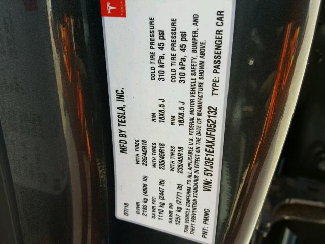5YJ3E1EAXJF052132 - 2018 TESLA MODEL 3 ნაცრისფერი ფოტო 10