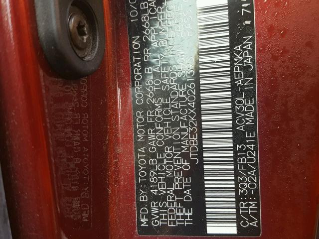 JTDBE32KX40261393 - 2004 TOYOTA CAMRY LE 栗色 照片 10