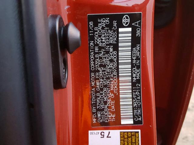 JTDKB20U897864008 - 2009 TOYOTA PRIUS RED photo 10