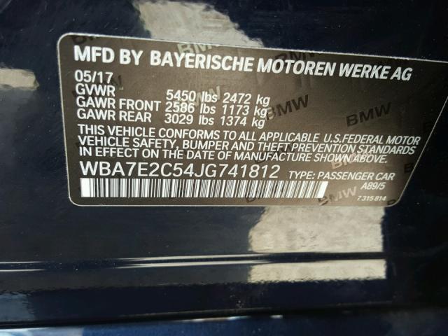 WBA7E2C54JG741812 - 2018 BMW 740 I BLUE photo 10