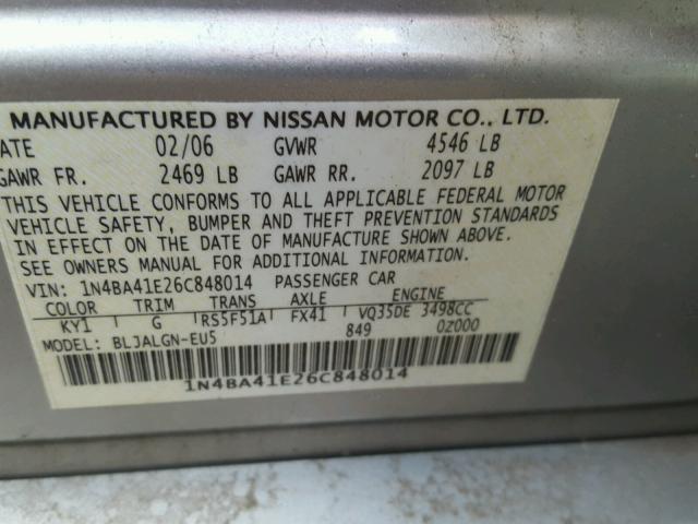 1N4BA41E26C848014 - 2006 NISSAN MAXIMA SE SILVER photo 10