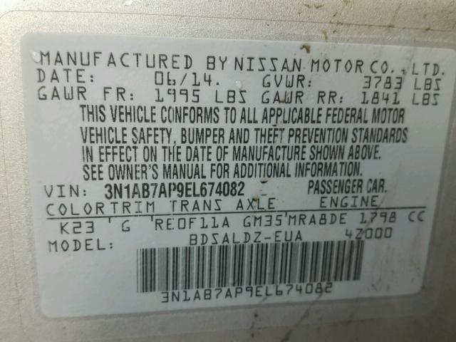 3N1AB7AP9EL674082 - 2014 NISSAN SENTRA S SILVER photo 10