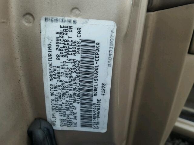 4T1BG22K31U085842 - 2001 TOYOTA CAMRY CE BEIGE photo 10