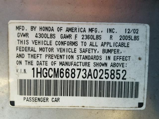 1HGCM66873A025852 - 2003 HONDA ACCORD EX SILVER photo 10