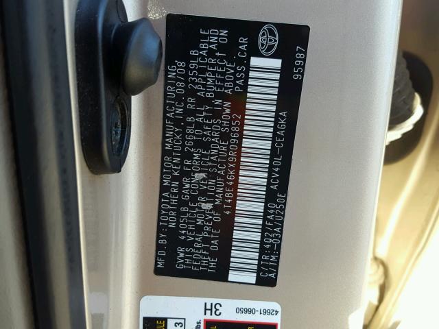 4T4BE46KX9R096852 - 2009 TOYOTA CAMRY BASE GOLD photo 10