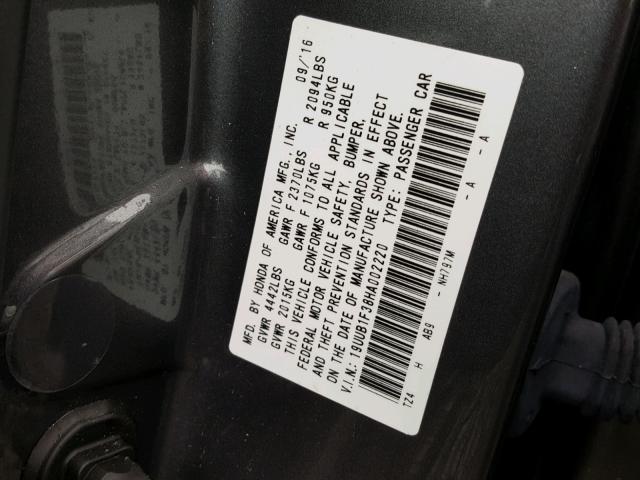 19UUB1F38HA002220 - 2017 ACURA TLX CHARCOAL photo 10