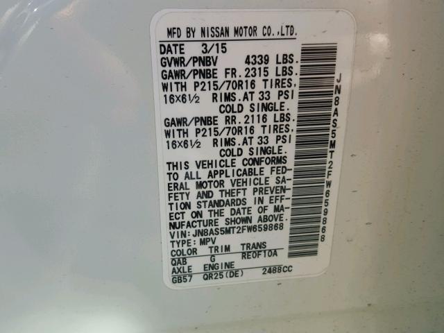 JN8AS5MT2FW659868 - 2015 NISSAN ROGUE SELE WHITE photo 10