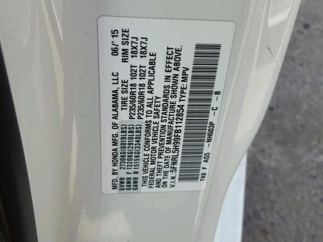 5FNRL5H99FB112854 - 2015 HONDA ODYSSEY TO WHITE photo 10