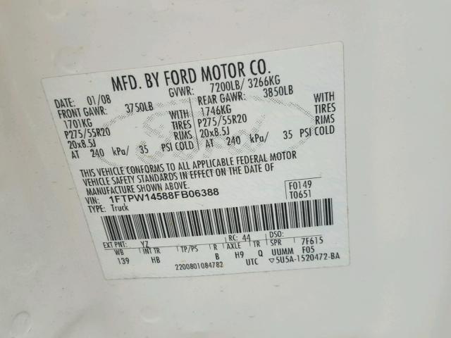 1FTPW14588FB06388 - 2008 FORD F150 SUPER WHITE photo 10