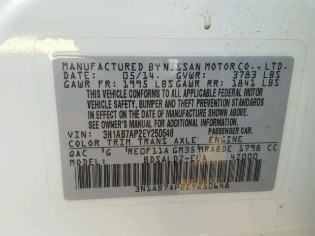 3N1AB7AP2EY250648 - 2014 NISSAN SENTRA S WHITE photo 10