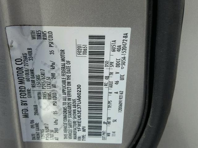 1FMEU63E37UA60230 - 2007 FORD EXPLORER X SILVER photo 10