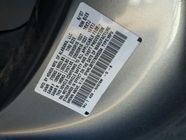 5FNRL38707B095334 - 2007 HONDA ODYSSEY EX SILVER photo 10