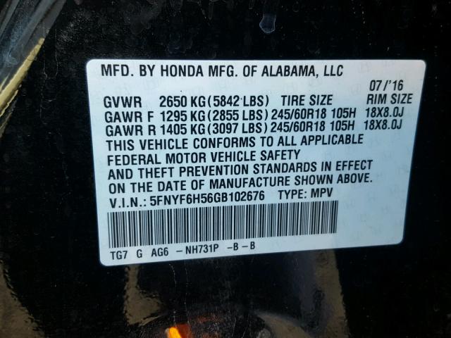 5FNYF6H56GB102676 - 2016 HONDA PILOT EXL BLACK photo 10