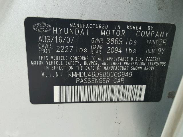 KMHDU46D98U300949 - 2008 HYUNDAI ELANTRA GL SILVER photo 10