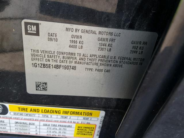 1G1ZB5E14BF190748 - 2011 CHEVROLET MALIBU LS შავი ფოტო 10