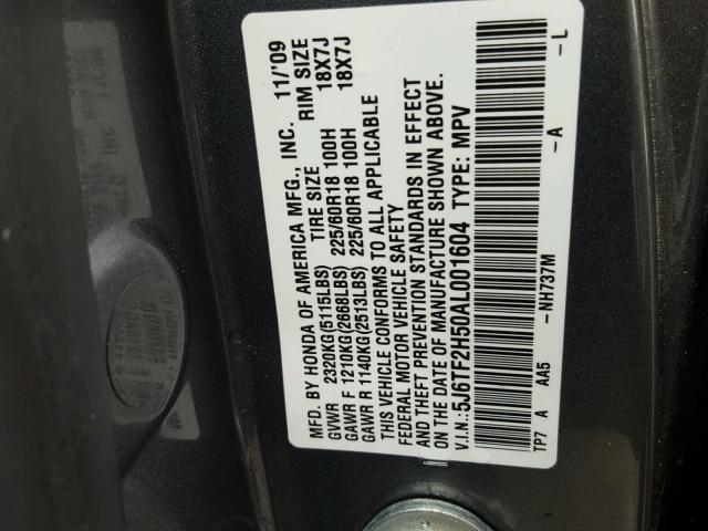 5J6TF2H50AL001604 - 2010 HONDA ACCORD CRO GRAY photo 10