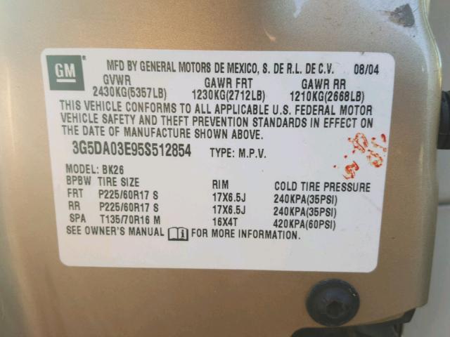 3G5DA03E95S512854 - 2005 BUICK RENDEZVOUS BEIGE photo 10