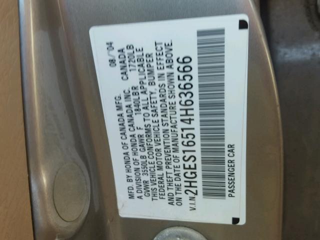 2HGES16514H636566 - 2004 HONDA CIVIC LX BEIGE photo 10