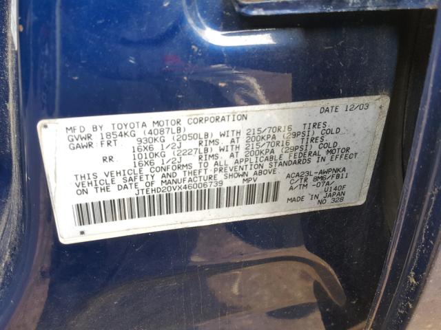 JTEHD20VX46006739 - 2004 TOYOTA RAV4 BLUE photo 10