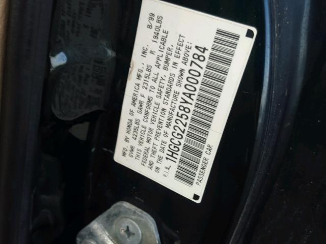 1HGCG2258YA000784 - 2000 HONDA ACCORD EX BLACK photo 10