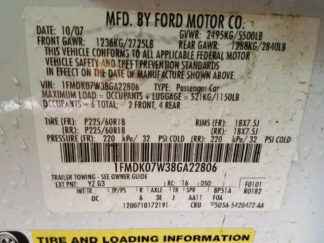 1FMDK07W38GA22806 - 2008 FORD TAURUS X E WHITE photo 10