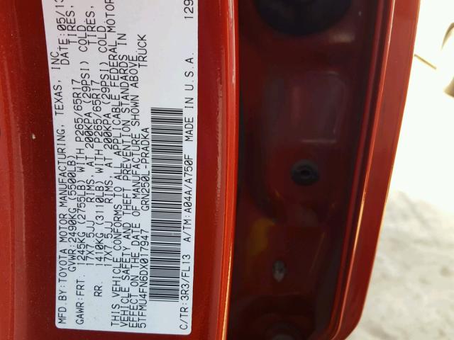 5TFMU4FN6DX017947 - 2013 TOYOTA TACOMA DOU RED photo 10