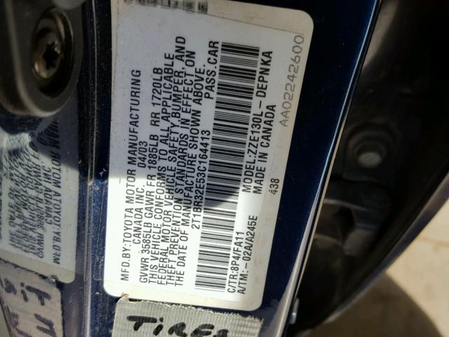 2T1BR32E53C164413 - 2003 TOYOTA COROLLA CE BLUE photo 10