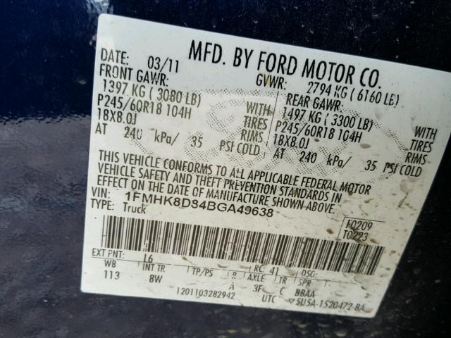 1FMHK8D84BGA49638 - 2011 FORD EXPLORER X BLUE photo 10