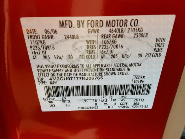 4M2CU97177KJ06765 - 2007 MERCURY MARINER PR RED photo 10