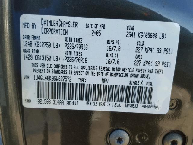 1J4GL48K95W627572 - 2005 JEEP LIBERTY SP GREEN photo 10