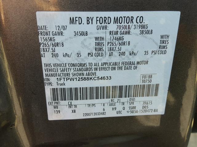 1FTPW12588KC54633 - 2008 FORD F150 SUPER GRAY photo 10