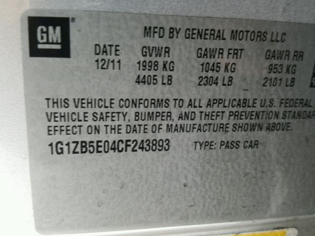 1G1ZB5E04CF243893 - 2012 CHEVROLET MALIBU LS ვერცხლისფერი ფოტო 10