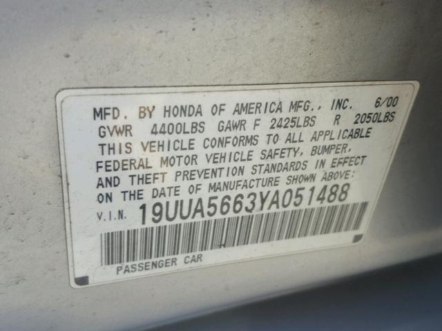 19UUA5663YA051488 - 2000 ACURA 3.2TL SILVER photo 10