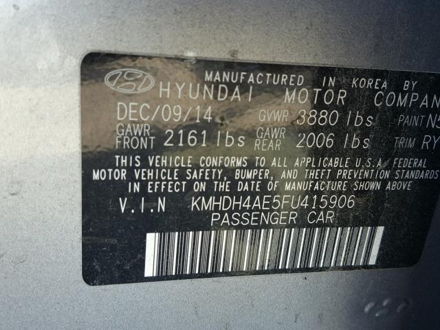 KMHDH4AE5FU415906 - 2015 HYUNDAI ELANTRA SE GRAY photo 10