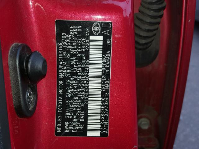 2T1BU4EE7AC274988 - 2010 TOYOTA COROLLA BA RED photo 10