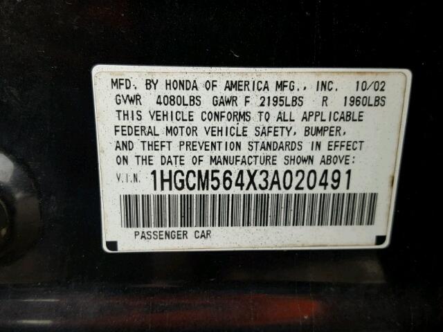 1HGCM564X3A020491 - 2003 HONDA ACCORD LX BLACK photo 10