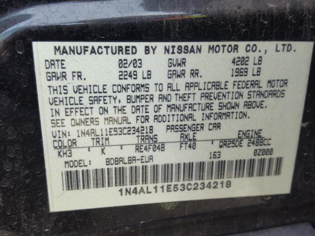 1N4AL11E53C234218 - 2003 NISSAN ALTIMA BAS BLACK photo 10