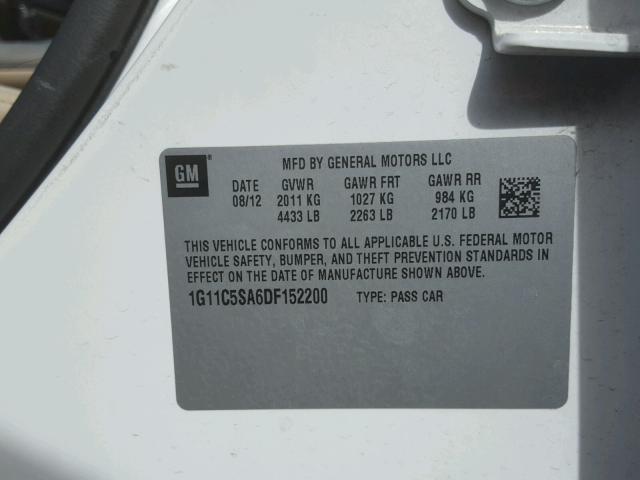 1G11C5SA6DF152200 - 2013 CHEVROLET MALIBU 1LT WHITE photo 10