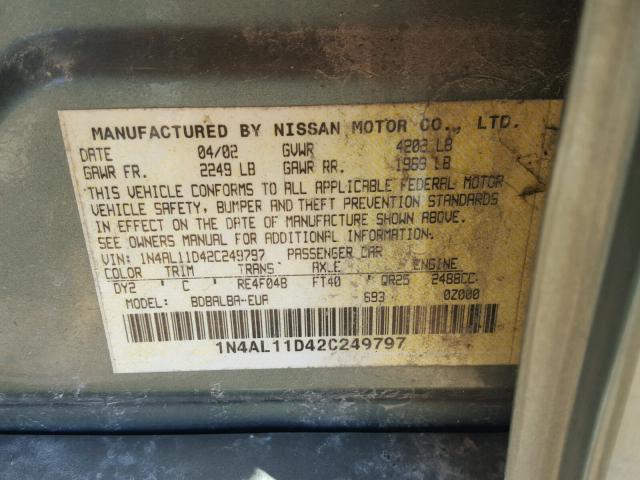 1N4AL11D42C249797 - 2002 NISSAN ALTIMA BAS GREEN photo 10